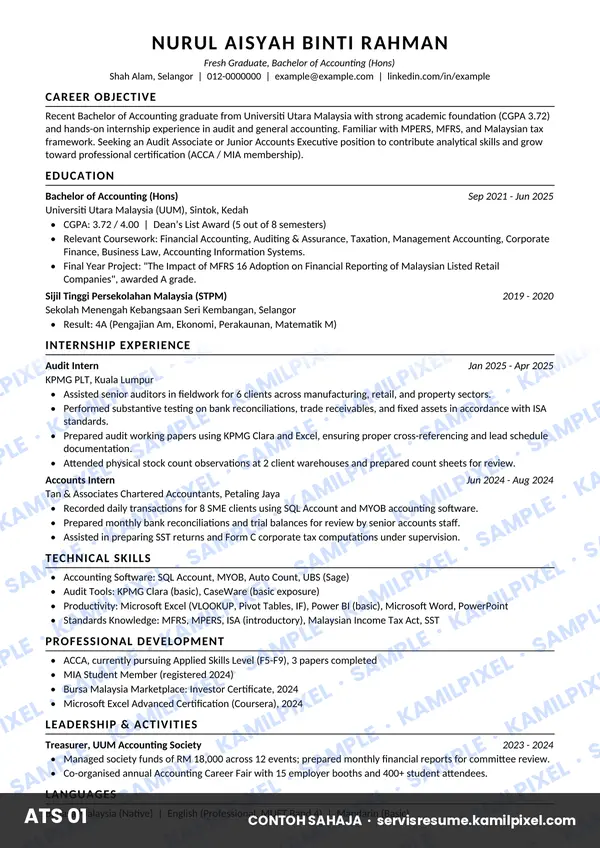 Contoh resume ATS 01 untuk fresh grad Accounting